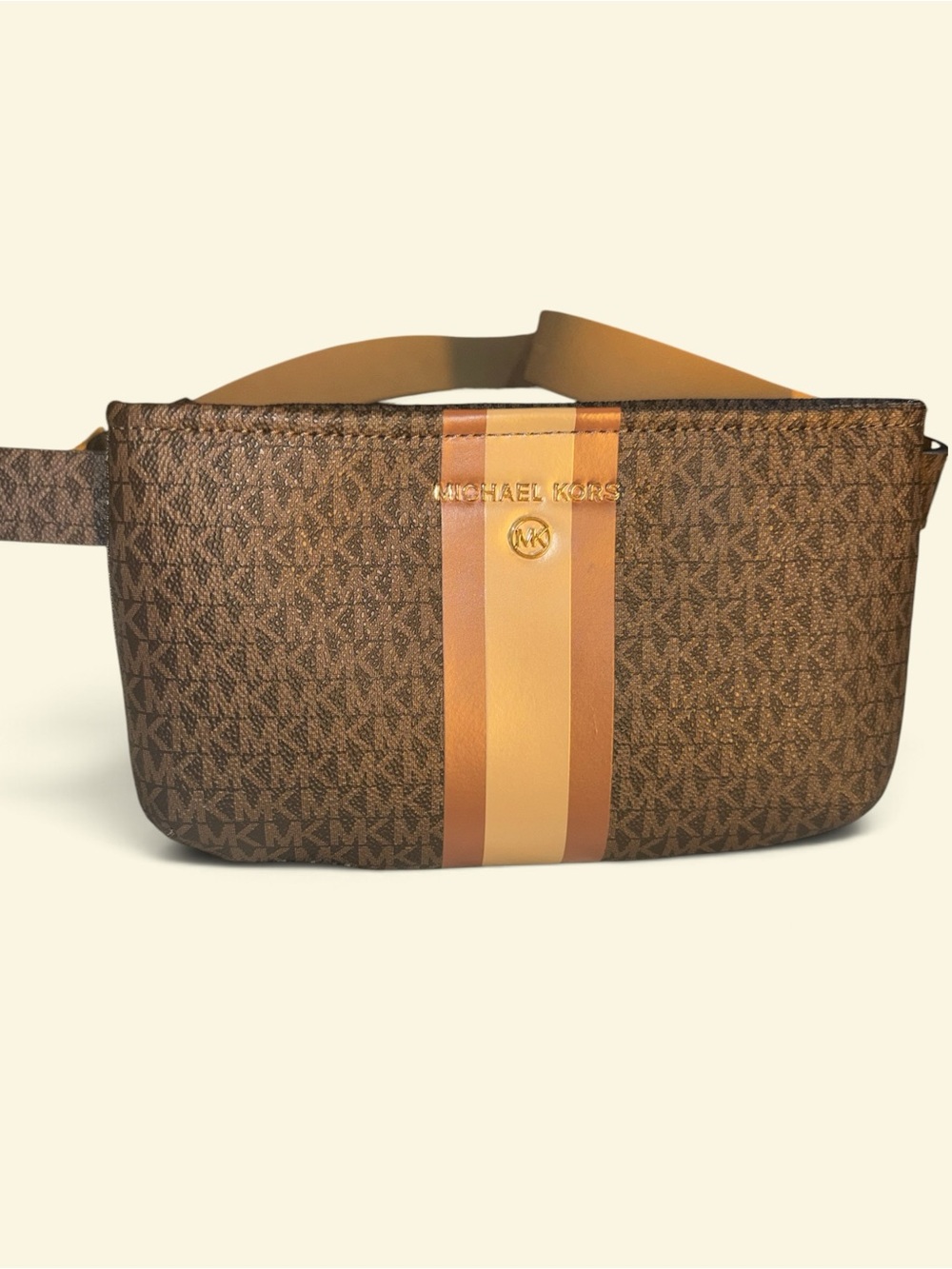 Michael Kors Brown Logo Belt Bag with Two-Tone Tan Stripe Never used! Sz S/M